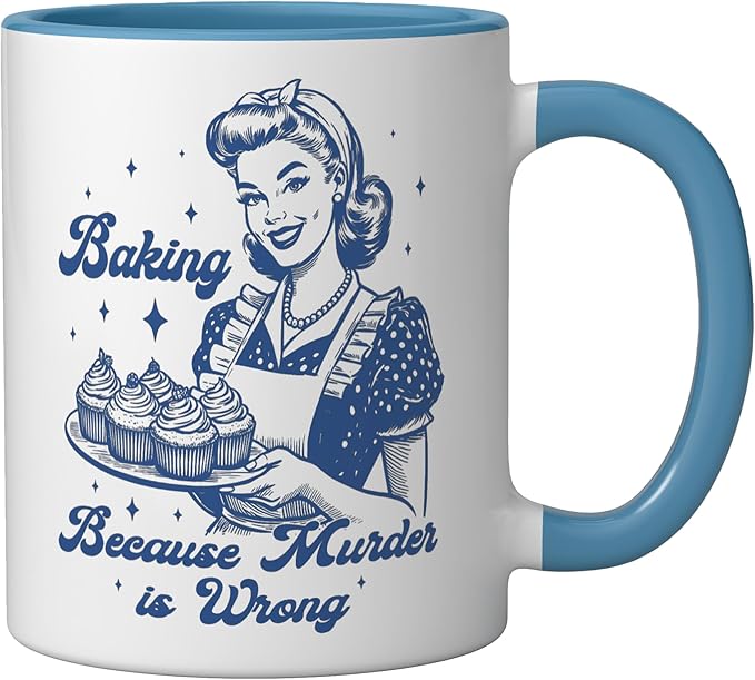 Baking Because Murder Is Wrong Funny cooking baking Ceramic Mug, Blue/White