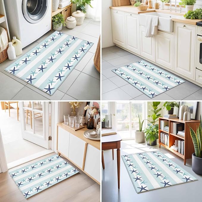 Area Rug 2x3ft, Summer Coastal Starfish Blue Teal Washable Rugs for Living Room Bedroom, Watercolor Ocean Theme Stripe Soft Non-Slip Area Rugs Rectangle Floor Carpet for Dining Room