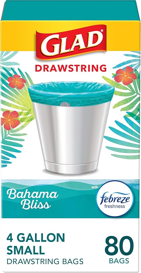 Glad Small Trash Bags 4 Gallon, Febreze Bahama Bliss Garbage Bags, Odor Resistant with Drawstring, 80 Count
