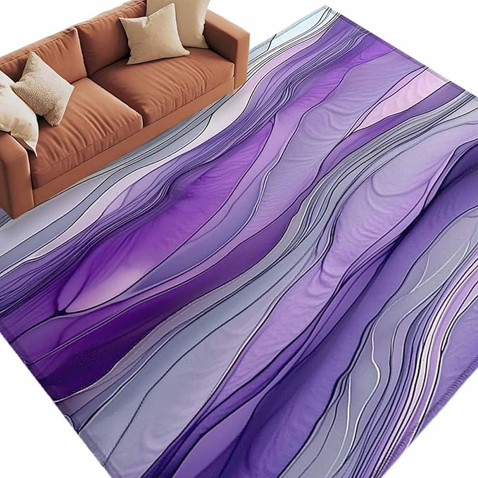 Area Rug 6x9ft, Abstract Art Purple Gray Wave Washable Rugs for Living Room Bedroom, Vintage Marble Texture Soft Non-Slip Area Rugs Rectangle Floor Carpet for Dining Room