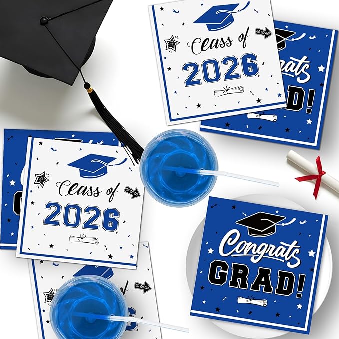 50 Pcs Graduation Napkins Decorations - Blue Class of 2026 Congrats GRAD 3-Ply Paper Cocktail Dinner Napkins Set for 2026 Graduation Party Supplies Table Decor Favors, 6.5 x 6.5 Inch