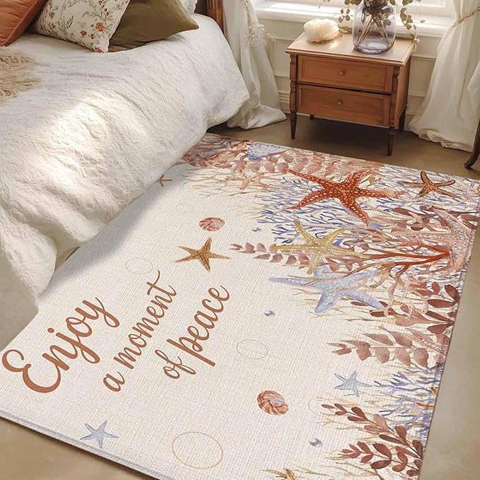 Area Rug 4x6ft, Orange Marine Starfish Coral Seaweed Washable Rugs for Living Room Bedroom, Peace Quote on Linen Soft Non-Slip Area Rugs Rectangle Floor Carpet for Dining Room