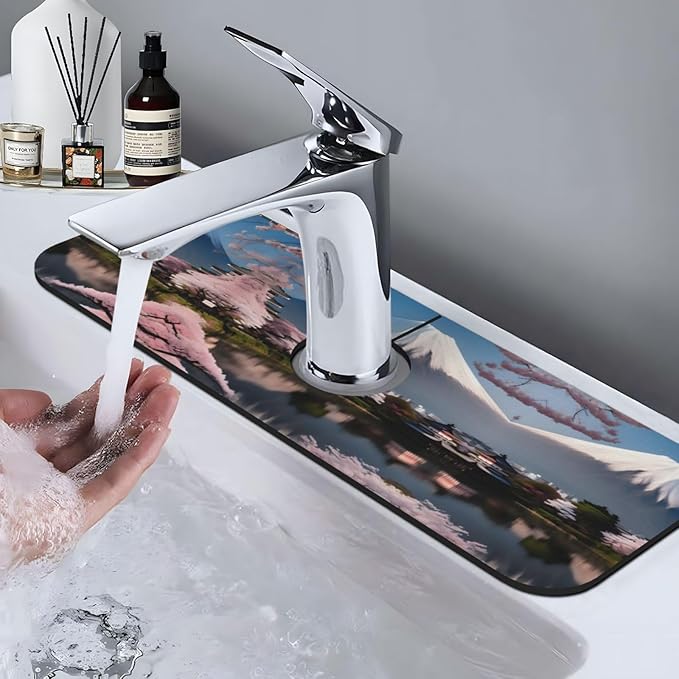 Mt. Fuji in Early Spring Printed Faucet Absorbent mat, Suitable for bathrooms, Kitchens, and Other Sink Areas.