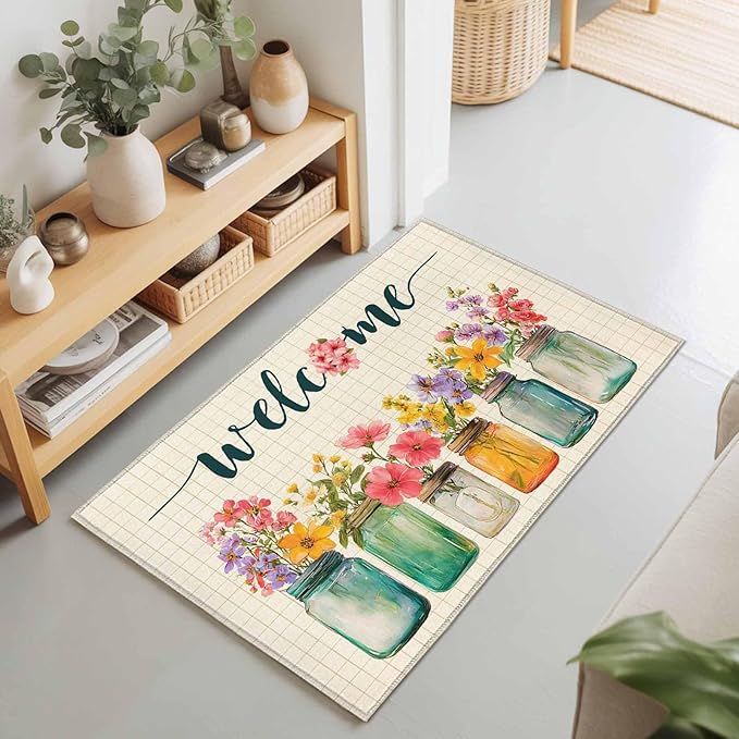 Area Rug 2x3ft, Summer Pastoral Flower Buffalo Plaid Washable Rugs for Living Room Bedroom, Rustic Blossom Floral Soft Non-Slip Area Rugs Rectangle Floor Carpet for Dining Room