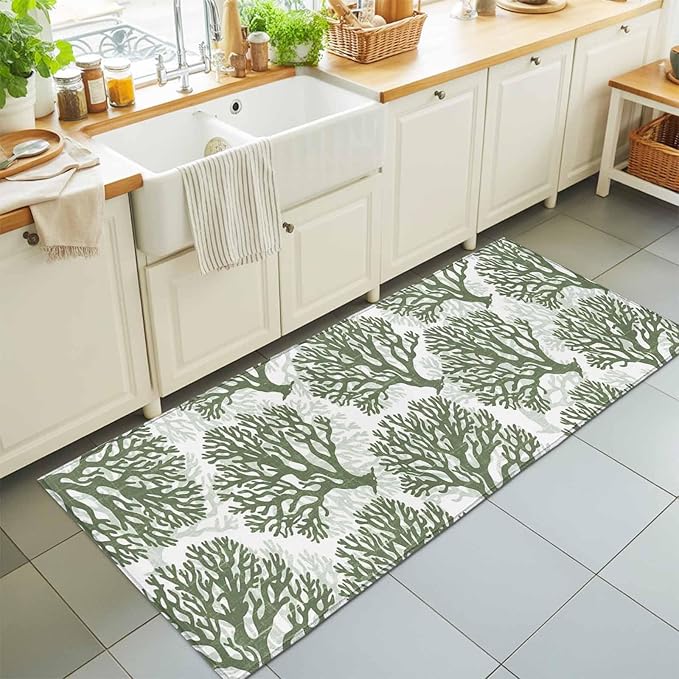 Runner Rug for Bedroom Hallway, Deep Forest Green Corals Kitchen Runner Rugs Area Rug 2x6ft, Retro Marine Life Washable Soft Floor Carpet for Entryway Stair
