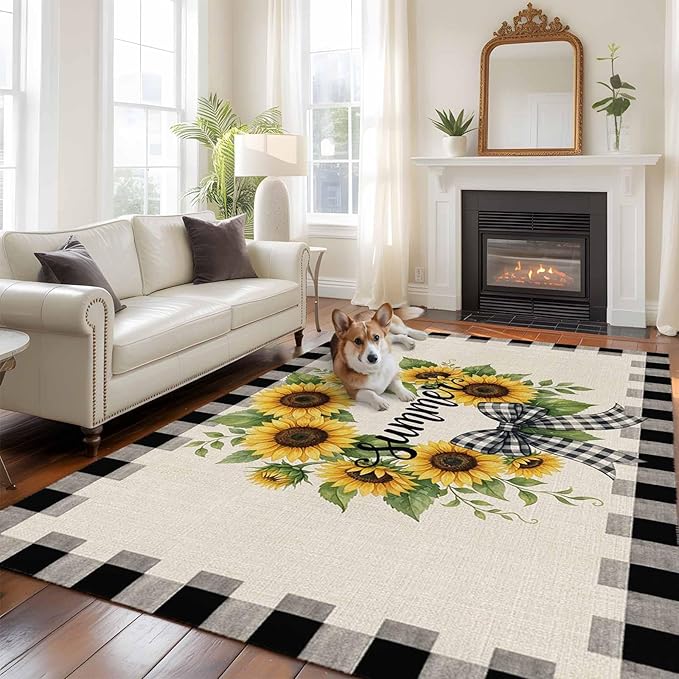 Area Rug 6x9ft, Summer Words Farm Sunflowers Washable Rugs for Living Room Bedroom, Butterflies Country Floral Soft Non-Slip Area Rugs Rectangle Floor Carpet for Dining Room