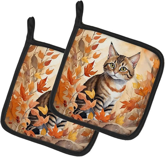 Caroline's Treasures Owyhee Bob Cat in Fall Leaves Pair of Pot Holders Kitchen Heat Resistant Pot Holders Sets Oven Hot Pads for Cooking Baking BBQ, 7 1/2 x 7 1/2