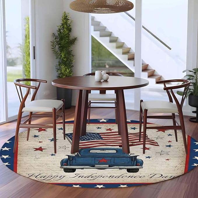 Washable Round Area Rug Happy Independence Day USA Flag Circle Rugs Floor Carpet for Living Room Bedroom, Retro Blue Truck Soft Non Slip Round Rug 5ft