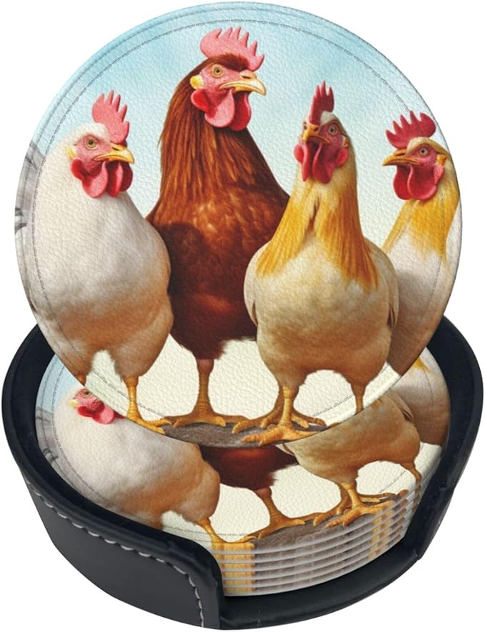 Famame 6 Pcs Chicken Roosters Farm Animals Leather Coasters for Drinks with Holder Coaster Sets Drink Table Cup Coasters for Living Room Kitchen Coffee Decor