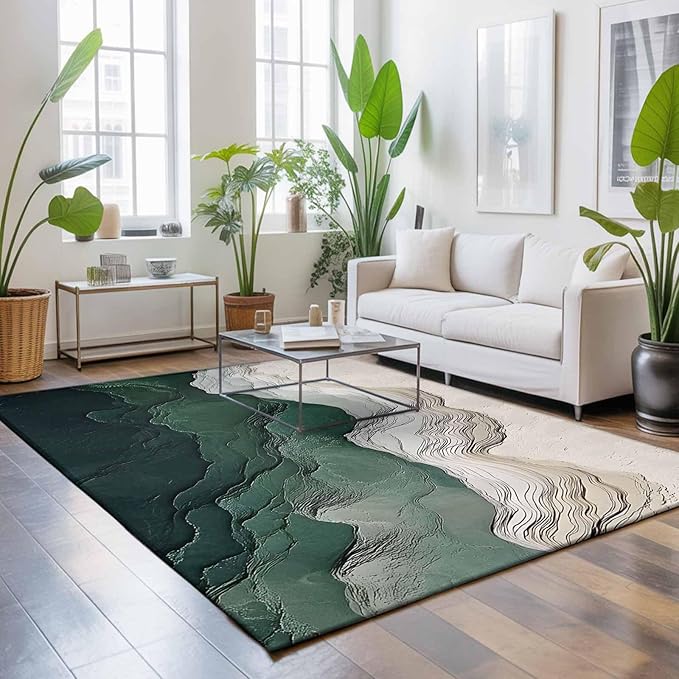 Area Rug 4x6ft, Rustic Green Gray White Mountain Range Washable Rugs for Living Room Bedroom, Abstract Art Soft Non-Slip Area Rugs Rectangle Floor Carpet for Dining Room