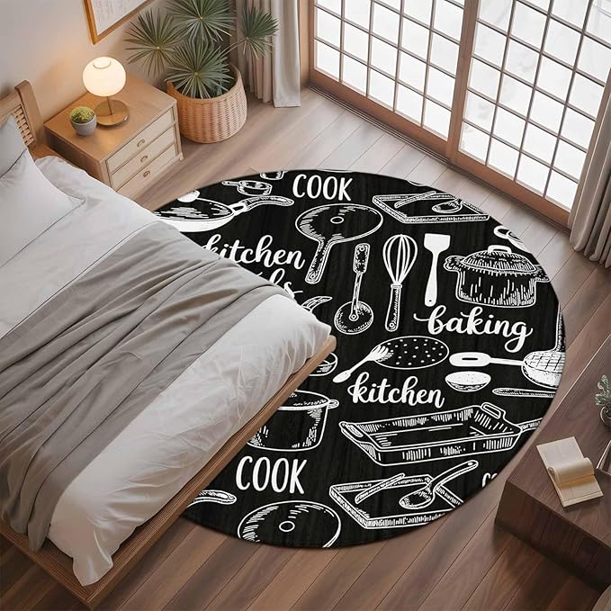 Black Kitchen Tools 3.3ft Round Rug, Modern Cooking Utensil Non-Skid Rubber Backing Large Area Rugs - Living Room Bedroom Home Office, Farmhouse Cookware Indoor Floor Mat Carpets Washable Rug