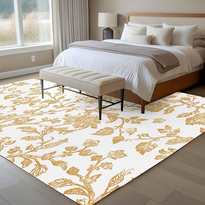 Area Rug 6x9ft, Vintage Farmhouse Flowers Pattern Washable Rugs for Living Room Bedroom, Yellow Floral Art Soft Non-Slip Area Rugs Rectangle Floor Carpet for Dining Room