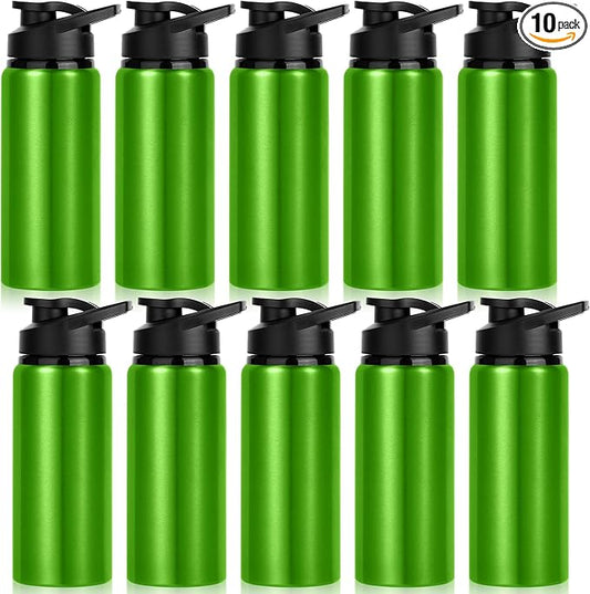 10 Pack Water Bottles Bulk, 20oz Sports Aluminum Water Bottle with Snap Lids Metal Reusable Water Bottles Leak proof Bottle for Travel Camping Gym Hiking Fishing(Green)