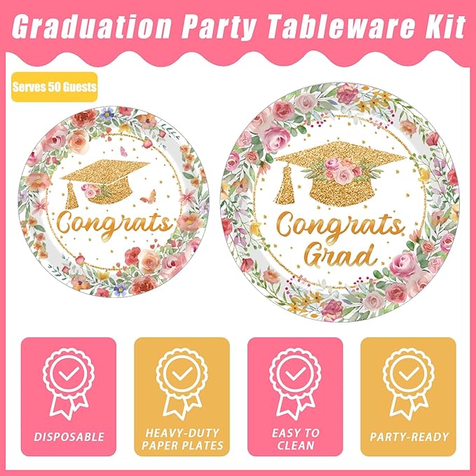 200Pcs Pink Graduation Party Plates, Floral Class of 2026 Congrats Grad Party Decorations Supplies Rose Gold Women Graduation Prom Disposable Tableware Set for College High School, Serves 50