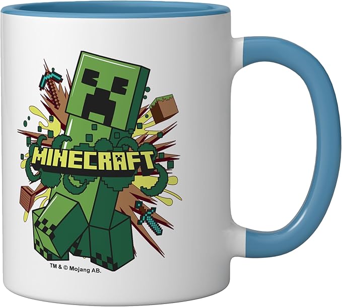 Minecraft Creeper Running From Explosion Ceramic Mug, Blue/White