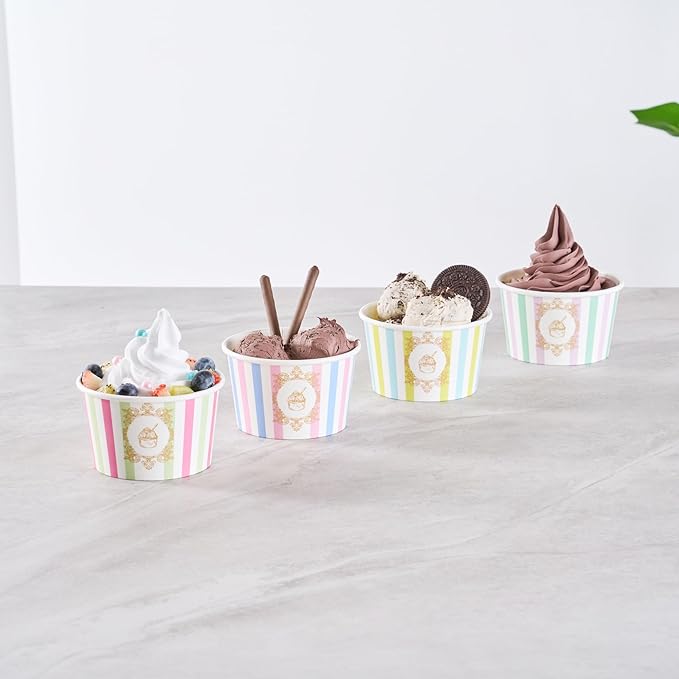 Coppetta 8 Ounce Dessert Cups, 200 Greaseproof Ice Cream Cups - Lids Sold Separately, For Hot And Cold Foods, Pink And Blue Stripe Paper Yogurt Bowls, Disposable, Sturdy - Restaurantware