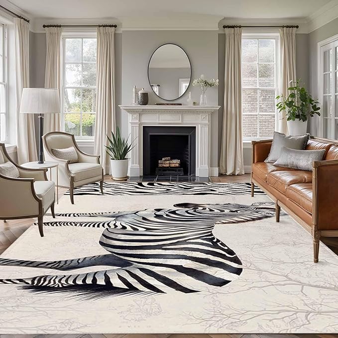 Area Rug 6x9ft, Zebra Black Stripe Animal Portrait Washable Rugs for Living Room Bedroom, Vintage Tree Branch Soft Non-Slip Area Rugs Rectangle Floor Carpet for Dining Room