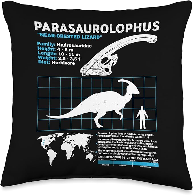 Dinosaur fact sheets Dinosaur Fossils data sheet Parasaurolophus Sheet Dinosaur Facts Throw Pillow, 16x16, Multicolor