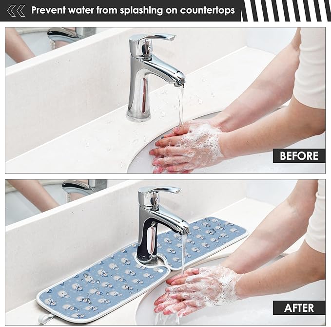 Kcldeci Snowman and Snowflakes 2PCS Kitchen Faucet Mat Bathroom Faucet Mat Sink Microfiber Cloth Faucet Splash Catcher Faucet Mat Dish Drying Mat Sink mat for Kitchen Sink 23x5in