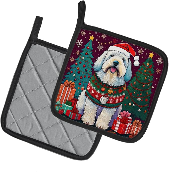 Caroline's Treasures Old English Sheepdog Christmas Pair of Pot Holders Kitchen Heat Resistant Pot Holders Sets Oven Hot Pads for Cooking Baking BBQ, 7 1/2 x 7 1/2