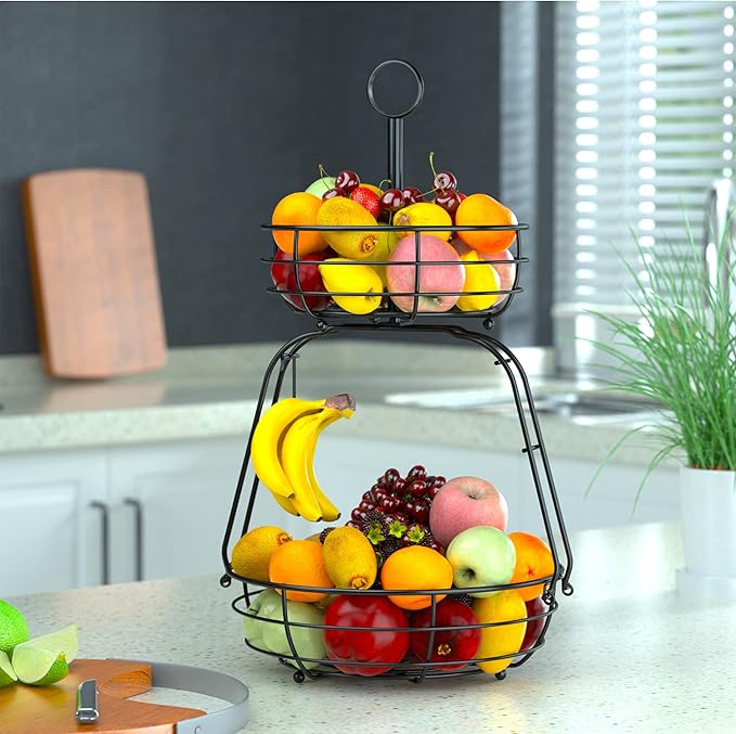 House Warming Gifts New Home, Fruit Basket for Kitchen Counter, 2 Tier Countertop Fruit Bowl Vegetable Baskets with Banana Hanger, Storage Basket for Snack, Home Decor, Kitchen Appliances