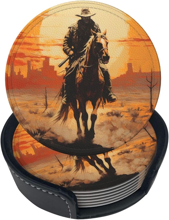 Famame 6 Pcs West Desert Cowboy Sunset Leather Coasters for Drinks with Holder Coaster Sets Drink Table Cup Coasters for Living Room Kitchen Coffee Decor