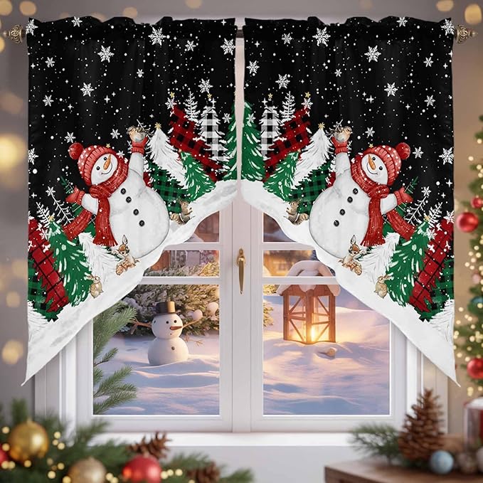Christmas Snowman Swag Valance Curains Winter Xmas Tree Snowflakes Black Rod Pocket Kitchen Curtains Scalloped Window Treatment Valances Swag for Living Room Bedroom, 1 Pair, 28"W x 36"L