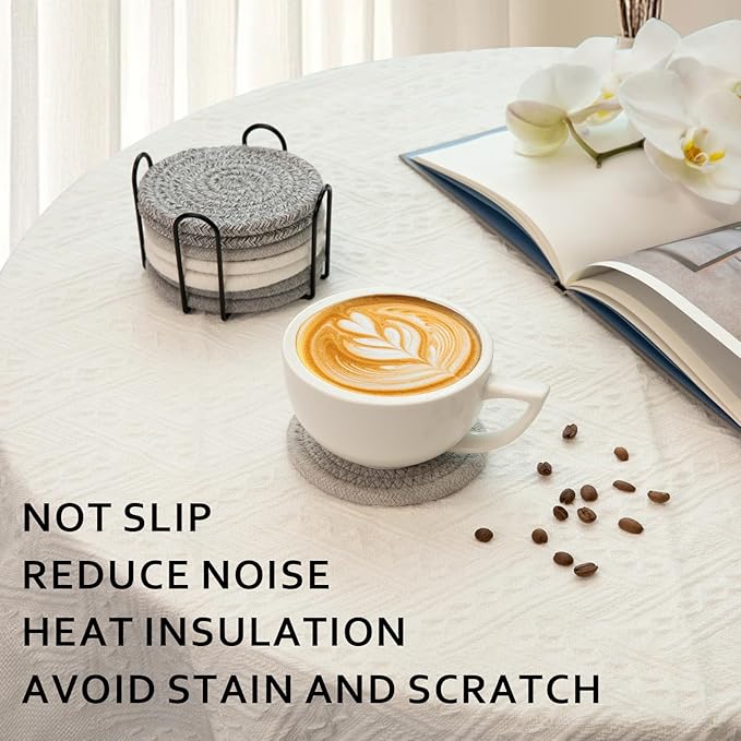 OIAHOMY 8 Pcs Coasters with Holder for Beer, Coffee, Woven Cotton Coaster Set for Table Decor for Kitchen, Bar, Dining Room, Living Room, Housewarming Gifts - Grey