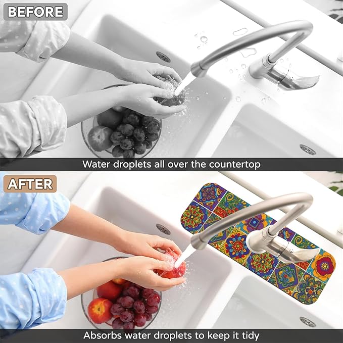 Bohemian Absorbent Sink Faucet Mat, ﻿Mexican Tiles Kitchen Faucet Mat, Sink Splash Guard, for Bathroom Kitchen Sink Splash Guard Drying Mat, Exotic Home Decor, 15.4"x5.7"