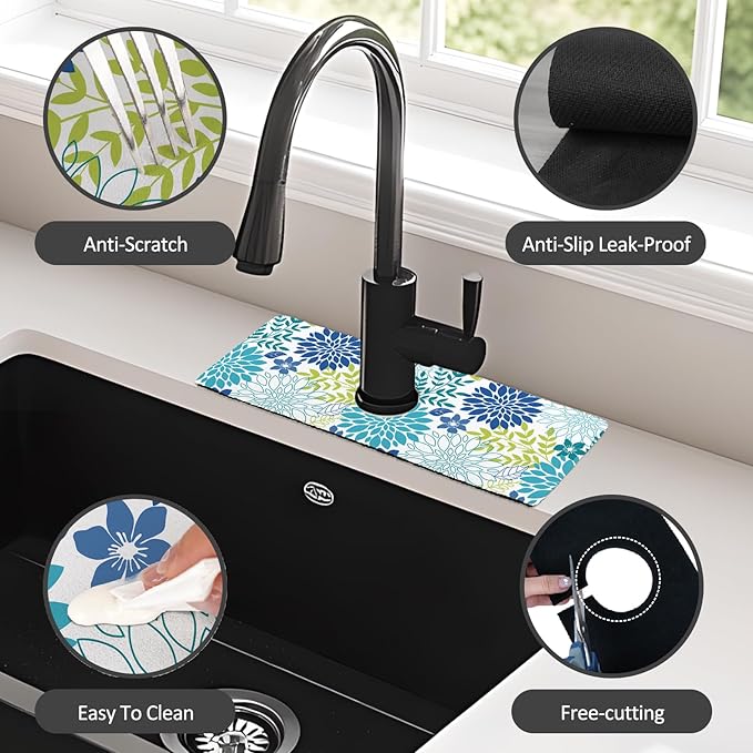 15" X 5.5" Kitchen Sink Splash Guard Faucet Mat Floral Super Absorbent Fast Drying Faucet Guard & Draining Mat Sink Splash Guard Behind Faucet for Kitchen, Bathroom
