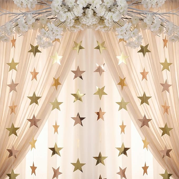 Patelai 78 Feet Glitter Star Garland Banner 2026 Party Decoration Double Side Star Hanging String Streamer Paper Twinkle for Graduation Wedding Birthday (Gold,Champagne Gold)