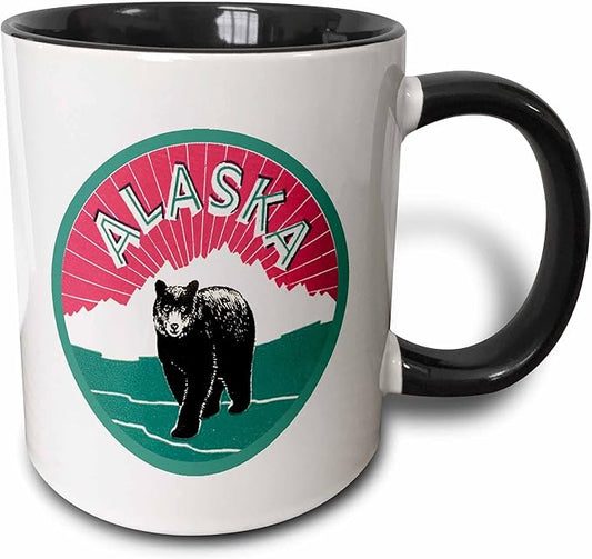3dRose Alaska Luggage Label with Snow Covered Mountains and a Black Bear 11oz Two-Tone Black Mug