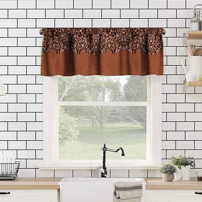 Coffee Kitchen Valance, Brown Coffee Beans Farmhouse Rustic Short Window Curtains for Cafe Kitchen Dining Room Resturant Bedroom Living Room, 54x18Inch