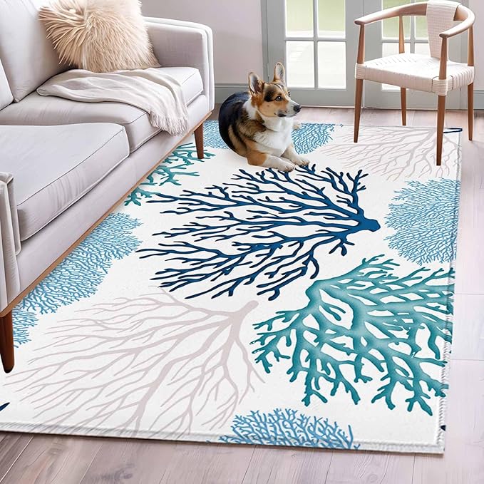 Area Rug 3x5ft, Classic Sea Blue Coral Washable Rugs for Living Room Bedroom, Abstract Marine Life Scenery Soft Non-Slip Area Rugs Rectangle Floor Carpet for Dining Room