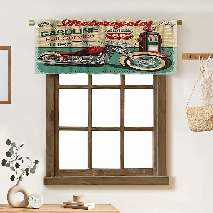 Retro Motorcycle Valance Curtain Vintage Classic Old Car Gas Station Rod Pocket Valance Window Treatments Short Curtains for Kitchen Bathroom Farmhouse Living Room Decor 54x18inch