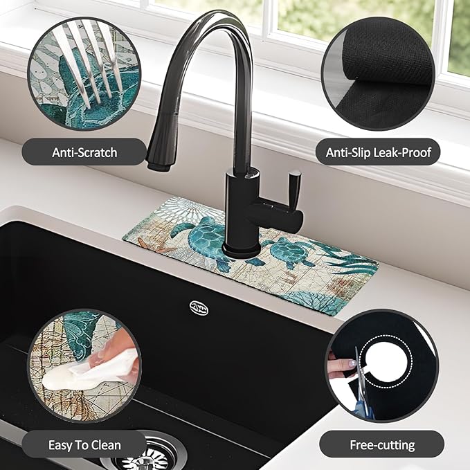 15" X 5.5" Kitchen Sink Splash Guard Faucet Mat Sea Turtles Super Absorbent Fast Drying Faucet Guard & Draining Mat Sink Splash Guard Behind Faucet for Kitchen, Bathroom
