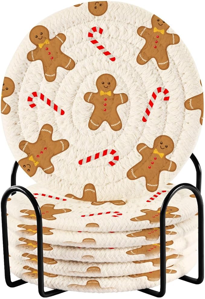YETTASBIN Christmas Gingerbread Man 6 Pcs Drink Coasters with Holder, Cotton Woven Absorbent Heat-Resistant Round Coaster Set Tabletop Protector for Kitchen Bar Home Decor Housewarming Gift, 3.9 in