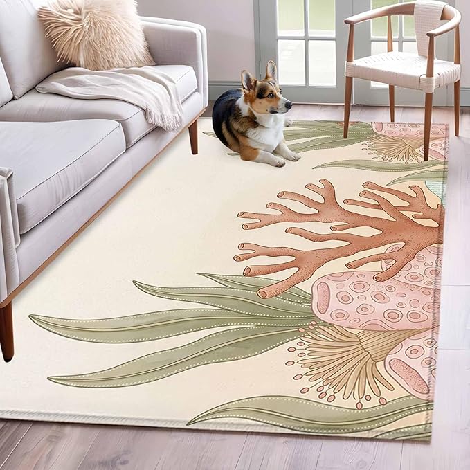 Area Rug 4x6ft, Ocean Coral Seaweed Shell Reef Washable Rugs for Living Room Bedroom, Watercolor Marine Theme Soft Non-Slip Area Rugs Rectangle Floor Carpet for Dining Room