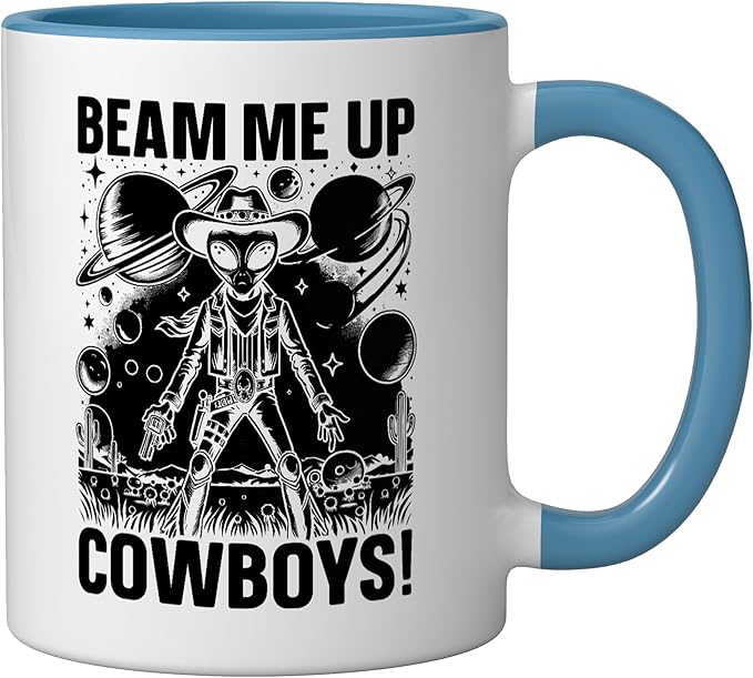 Alien Lover Flying Saucer UFO Extraterrestrial Cowboy Ceramic Mug, Blue/White