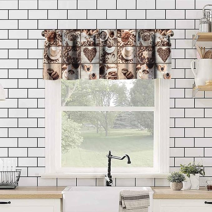 Coffee Kitchen Valance, Vintage Brown Coffee Beans Cups Heart Short Window Treatment for Cafe Kitchen Bedroom Living Room, 54x18Inch