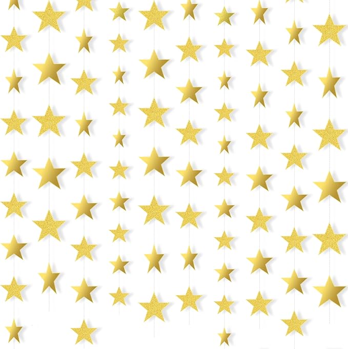 Patelai 210 Feet Glitter Star Garland Banner 2026 Party Decoration Double Side Star Hanging String Streamer Paper Twinkle for Graduation Wedding Birthday (Gold,Glitter Gold)