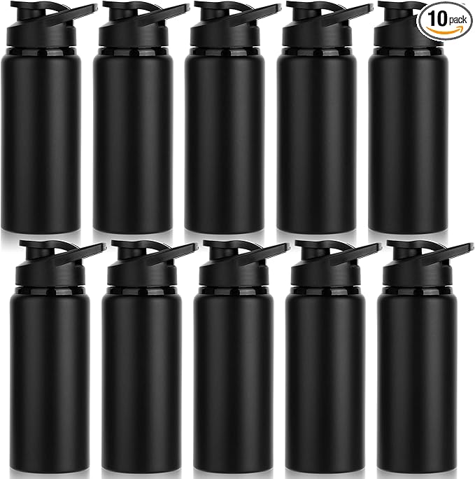 10 Pack Water Bottles Bulk, 20oz Sports Aluminum Water Bottle with Snap Lids Metal Reusable Leak proof Personalized Bottle for Travel Camping Gym Hiking Fishing(Black)