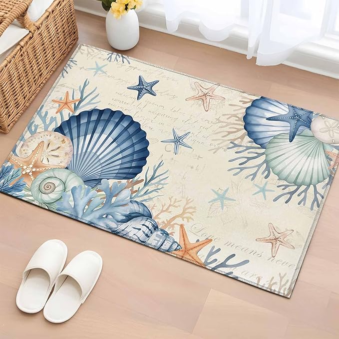 Area Rug 2x3ft, Summer Blue Shells Starfish Washable Rugs for Living Room Bedroom, Vintage Coral Shells Fish Soft Non-Slip Area Rugs Rectangle Floor Carpet for Dining Room