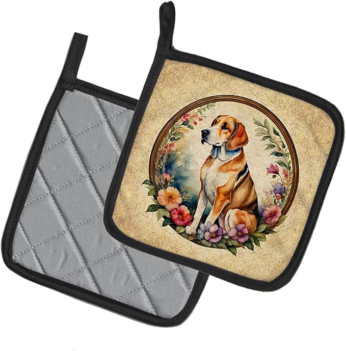 Caroline's Treasures American Foxhound and Flowers Pair of Pot Holders Kitchen Heat Resistant Pot Holders Sets Oven Hot Pads for Cooking Baking BBQ, 7 1/2 x 7 1/2