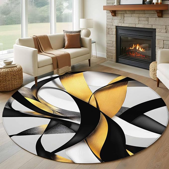 Washable Round Area Rug Modern Geometric Stripe Texture Circle Rugs Floor Carpet for Living Room Bedroom, Abstract Gold Black White Line Soft Non Slip Round Rug 5ft