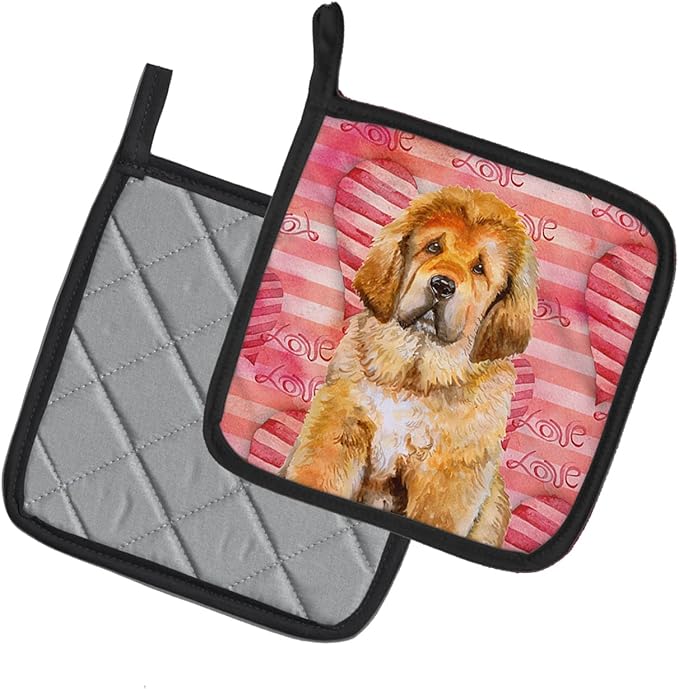 Caroline's Treasures BB9808PTHD Tibetan Mastiff Love Pair of Pot Holders, Red Kitchen Heat Resistant Pot Holders Sets Oven Hot Pads for Cooking Baking BBQ, 7 1/2 x 7 1/2