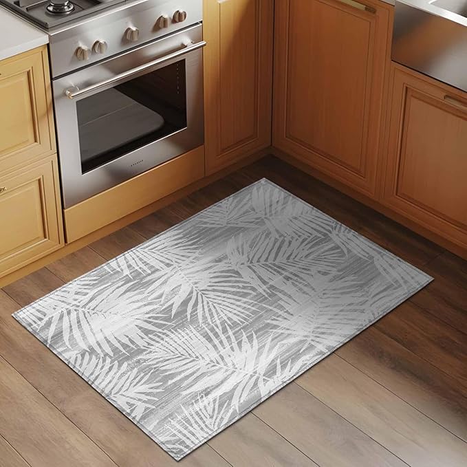 Area Rug 2x3ft, Modern Gray Palm Leaves Washable Rugs for Living Room Bedroom, Boho Tropical Leaves Soft Non-Slip Area Rugs Rectangle Floor Carpet for Dining Room