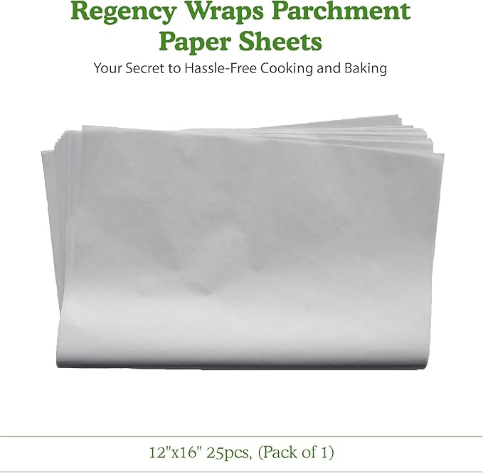 Regency Wraps Parchment Paper Sheets For Non-Stick Cooking and Baking, Greaseproof Paper Liners for Cookie Sheets, Cake Pans, Air Fryer and Microwave Safe, White, 12 x 16 inches, 25pcs, Pack of 1
