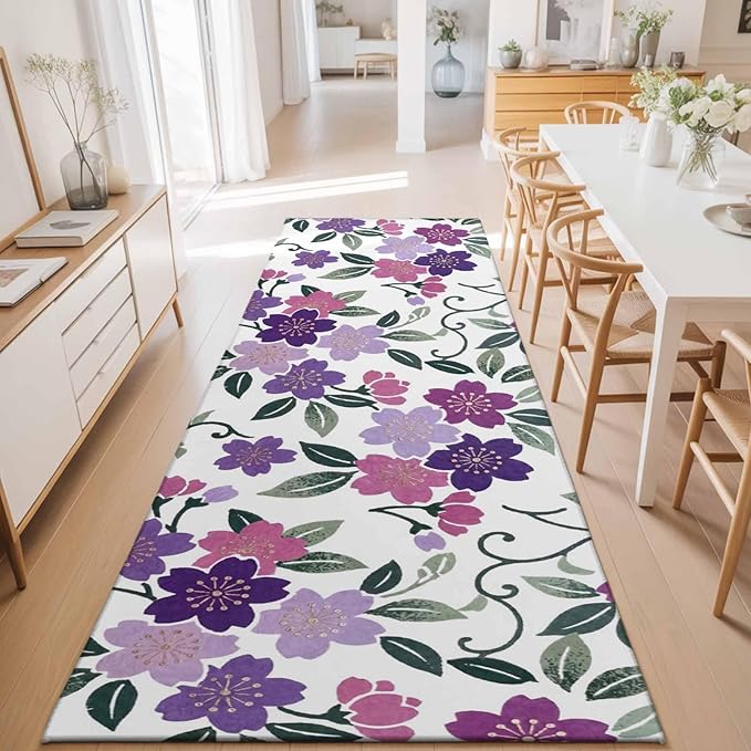 Runner Rug for Bedroom Hallway, Country Purple Pink Flower Green Leaf Kitchen Runner Rugs Area Rug 2x6ft, Pastoral Floral Plant Washable Soft Floor Carpet for Entryway Stair
