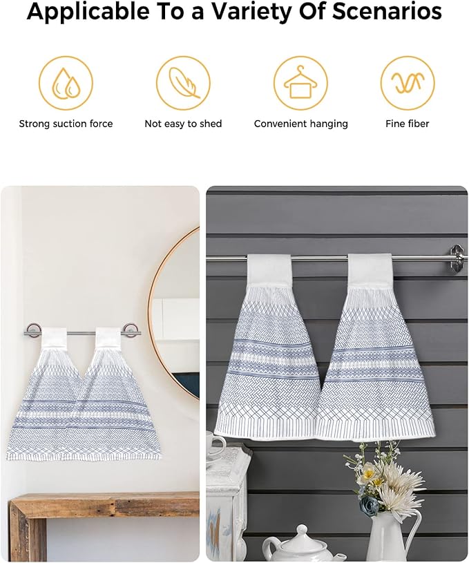 Alandar Home Kitchen Tie Towel Set of 2, Modern Geometric Stripe Art Absorbent Soft Hand Towels for Bathroom Hanging Towels, Minimalist Blue Ombre on White Fast Drying Cleaning Cloth with Loop